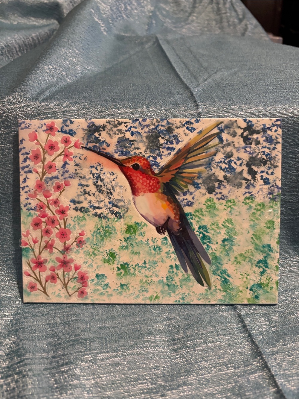 Hummingbird Watercolor Art Print - Pink & Blue Floral Illustration
